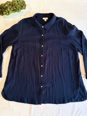J. Jill Navy Cotton Gauze Button-Front Tunic Shirt 2X
